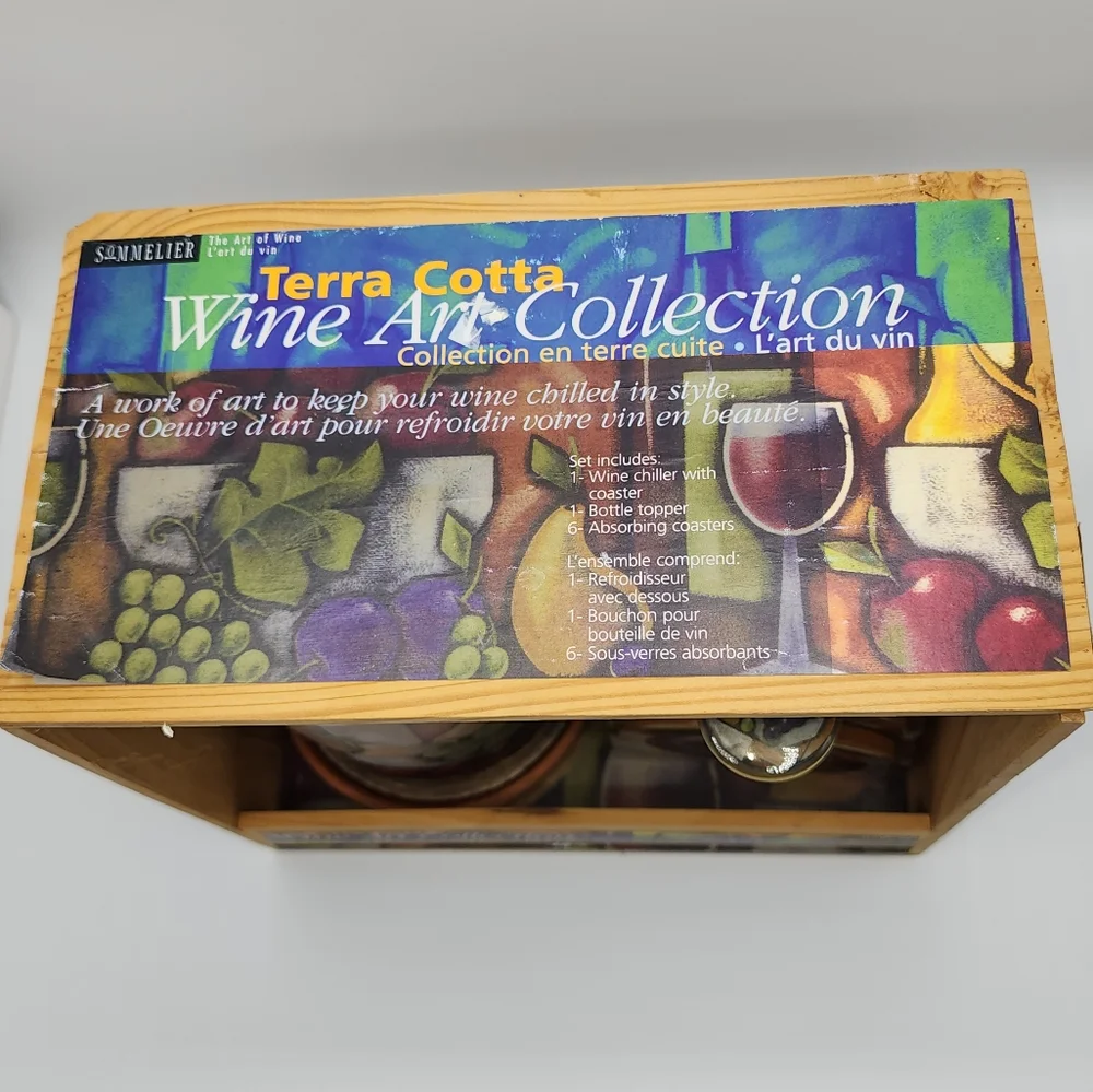 Terra Cotta Wine Art Collection Set Wine Chiller Bottle‎ Topper And Coasters NEW